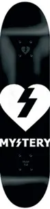 Mystery Mystery Heart Logo skateboard deck: A large white Mystery heart with a black lightning bolt through it above the brand name in white capitals, on a black deck, with a small heart logo near the top.