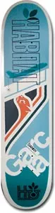 Habitat Garcia Airway2 skateboard deck: Graphic in blue and white with a large vertical 'Habitat' wordmark and leaf logo, an orange bear or cat figure and angled navy stripes, plus the rider's name in big pale letters.