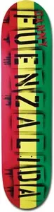 Think Fuenza Aerosol skateboard deck: Rasta-style red, yellow and green stripes across the deck, overprinted with a rider's name in tall black stencilled spray-paint capitals, with a small red first name at the top.