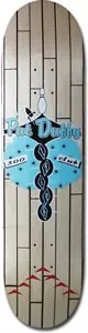 Think Duffy Club skateboard deck: Natural wood deck with a bowling-lane floor pattern, a bowling pin at the top and a light blue retro bowling-shirt style badge with the rider name, a 300 club label and diamond shapes. Red arrow marks near the tail.