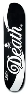 Death Skateboards Enjoy skateboard deck: Black deck with a large white swirling script Death logo that sweeps across the board in the style of a famous cola logo, with a small skull and crossbones above it and the word Enjoy beside it.