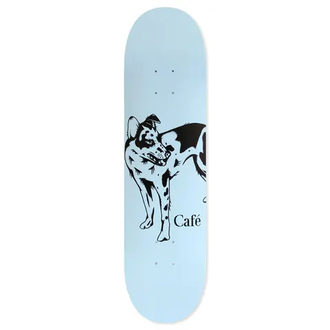Skateboard Cafe Casper - Blue skateboard deck: Black ink drawing of a spotted dog with its head turned back over its shoulder, standing on a pale blue deck with the word Café in a serif typeface beside its legs.