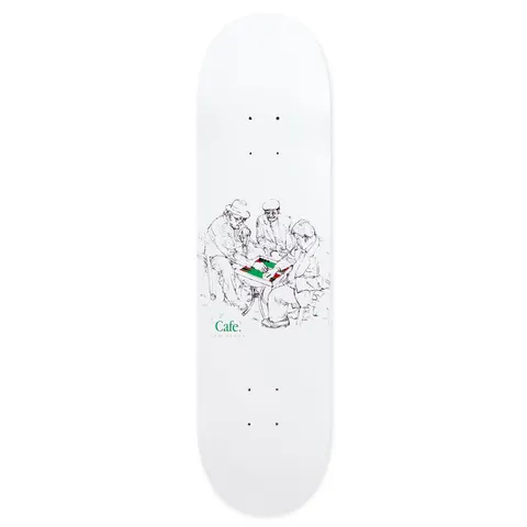 Skateboard Cafe Dom Henry Backgammon White skateboard deck: Pen-and-ink sketch of three older men in flat caps sitting around a small table playing backgammon, with the board picked out in green, red and white. The Cafe wordmark in green sits beside them on a plain white deck.