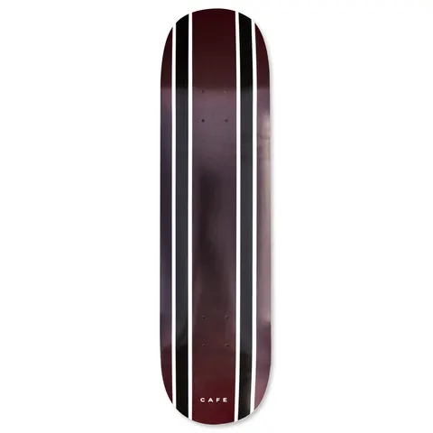 Skateboard Cafe Double Stripe C2 Shape (Burgundy/Black Fade) skateboard deck: Two pairs of black and white vertical stripes run the length of a deck that fades from burgundy to black. A small CAFE wordmark sits near the tail.