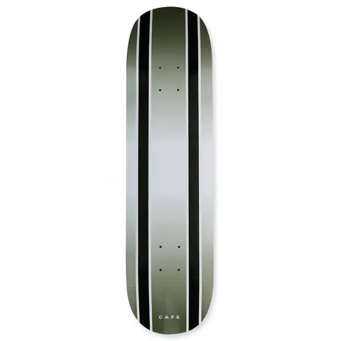 Skateboard Cafe Double Stripe C2 Shape (Olive/Black Fade) skateboard deck: Two thick black vertical stripes with thin white pinstripes either side run the full length of the deck over an olive-to-pale grey fade. A small CAFE wordmark sits near the tail.
