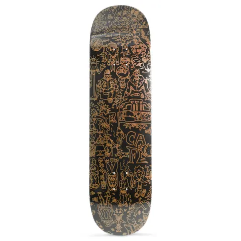 Skateboard Cafe Ethan C2 Black/Assorted Stain skateboard deck: Dense copper-toned line doodles of characters, creatures, faces, a building and plants covering a black deck, with 'Cafe' lettered in the lower middle.