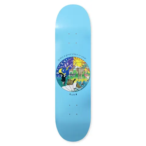 Skateboard Cafe Great Place (Baby Blue) skateboard deck: A globe illustration split into night sky, sun and rays, with an orca, penguin, giraffe, elephant and flamingo, set on plain baby blue. A curved caption sits above it and a small cafe logo below.