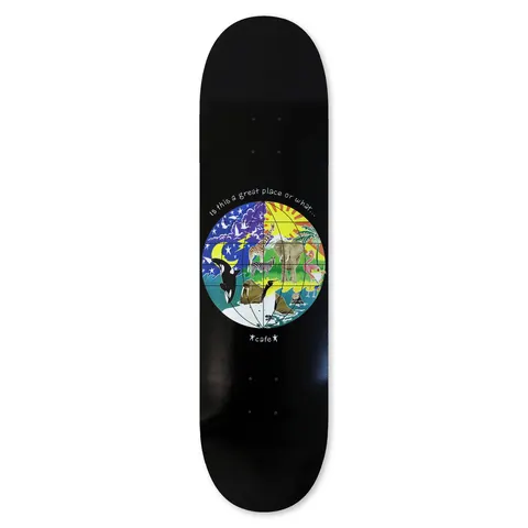 Skateboard Cafe Great Place (Black) skateboard deck: A globe illustration split into night sky, sun and rays, with an orca, penguin, giraffe, elephant and flamingo, set on plain black. A curved caption sits above it and a small cafe logo below.