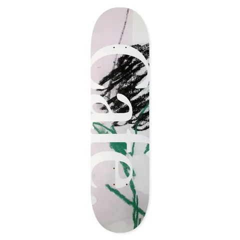 Skateboard Cafe JLH (Lavender/Green) skateboard deck: Lavender-grey deck with the word 'Cafe' in large white serif lower-case lettering over a loose charcoal scribble and green crayon strokes.