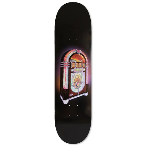 Skateboard Cafe Jukebox skateboard deck: Painted vintage jukebox with glowing coloured arch lights and chrome trim, set against a dark black and purple background.