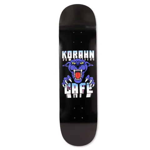 Skateboard Cafe Korahn Panther - C2 Shape Black skateboard deck: Snarling blue panther head with claws gripping the lettering, in a tattoo style, between the words KORAHN and CAFE in chrome-effect pastel letters, on a black deck.