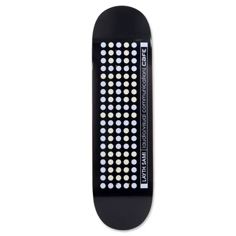 Skateboard Cafe Layth Sami Code - Embossed Navy skateboard deck: Grid of pale blue and cream dots in five columns on a black deck, with a vertical white label reading the rider name and '(audio/visual communication)' beside the Cafe logo.