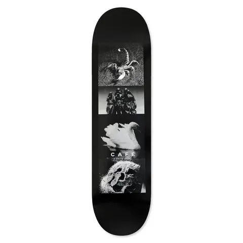 Skateboard Cafe Layth Sami Swan Pro skateboard deck: Four stacked black and white photographs on a black deck: a scorpion, hooded figures, a white swan and a skull-like textured object. The brand and rider name are printed over the swan photo.