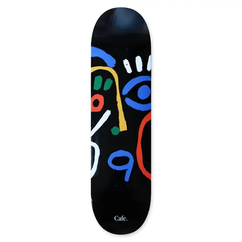 Skateboard Cafe Marcello Black skateboard deck: An abstract, brush-painted face in blue, red, yellow, green and white shapes on a black deck, with a blue eye and eyelashes at the right and a blue number 9 near the base. The Cafe name is in small white text at the bottom.