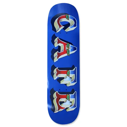 Skateboard Cafe Mr Finbar C2 Shape Navy skateboard deck: The word CAFE spelled vertically in ornate three-dimensional blackletter capitals, each with a red upper half, pale blue lower half, cream sides and a small green leaf, against a plain royal blue deck.