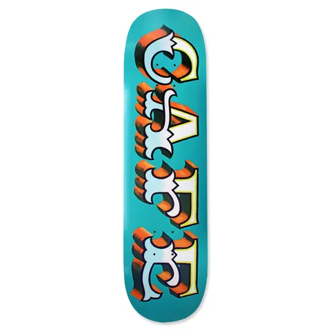 Skateboard Cafe Mr Finbar C2 Shape Teal skateboard deck: Large ornate old-style capital lettering spelling 'CAFE' down the deck, in white and pale blue with orange 3D shadow and thin yellow outlines, on a teal background.