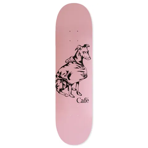 Skateboard Cafe Norma - Pink skateboard deck: A black engraving-style illustration of a seated greyhound wearing a buttoned coat, on a plain dusty pink deck, with 'Café' in serif type beneath.