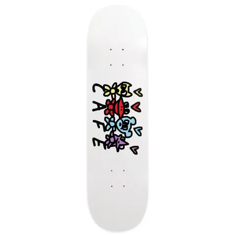 Skateboard Cafe Pals - C2 Shape White skateboard deck: White deck with the word Cafe in black letters running down beside four childlike cartoon creatures in yellow, red, blue and purple, with small hearts.