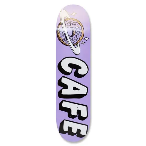 Skateboard Cafe Planet Donut - Lavender skateboard deck: Lavender deck with a ringed donut planet, iced with sprinkles and flanked by small sparkles, at the nose. Large white bubble-style CAFE lettering with a black outline and shadow runs down the length.