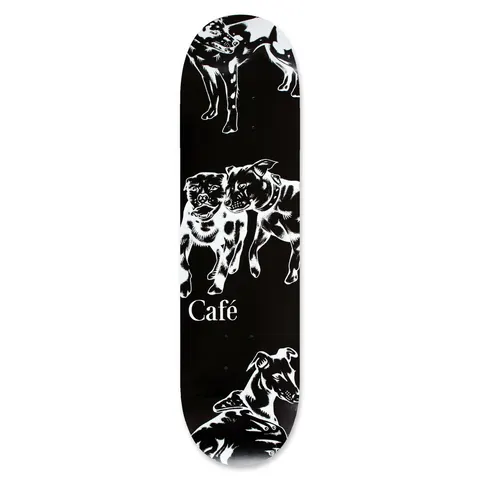 Skateboard Cafe Pooch Black skateboard deck: White line-drawn dogs, including two stocky bull-terrier types side by side and a greyhound in a coat at the bottom, on a black deck with Café in white serif lettering.