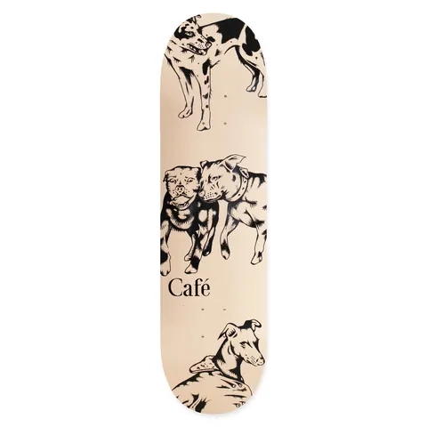Skateboard Cafe Pooch Cream skateboard deck: Cream deck with black line-drawn illustrations of dogs: a spotted dog at the top, two pit bull type dogs side by side in the middle, and a greyhound in a jacket at the bottom, with Café lettering.