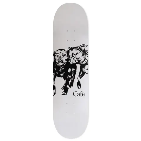 Skateboard Cafe Pooch & Jackie Brown - Grey skateboard deck: Two detailed black ink illustrations of staffordshire-type dogs side by side, one with open mouth and one turned toward it, on a plain pale grey deck. A small serif 'Café' wordmark sits at the lower right.