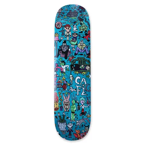 Skateboard Cafe Sex Palace Cheers C2 Shape Assorted Woodstains skateboard deck: Blue deck densely covered with small cartoon characters and creatures, including a man reading a paper, a skeleton, a bunny, ghosts and a figure in a bed, with Café in hand lettering in the centre.