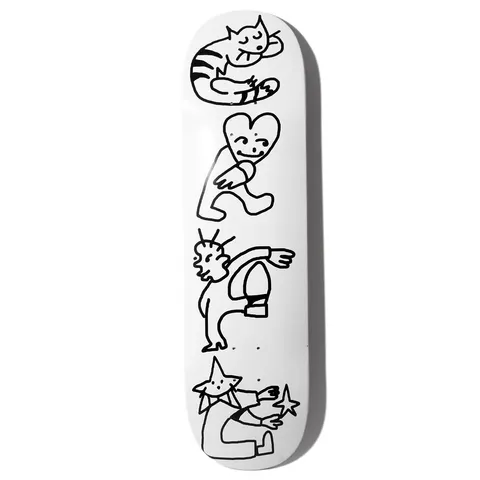 Skateboard Cafe Buddy - C2 Shape White skateboard deck: Four simple black line-drawn characters stacked down a white deck: a sleeping striped cat, a walking heart with a face, a kicking figure with spiky hair, and a star-headed figure holding a star.