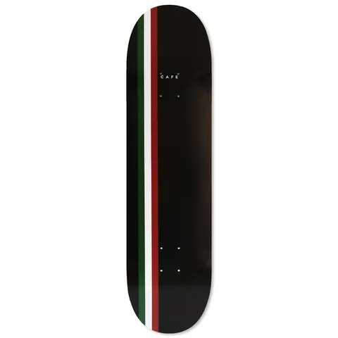 Skateboard Cafe Stripe - Black/Burgundy/White/Forest skateboard deck: Three narrow vertical stripes in forest green, white and burgundy run down the left of a black deck, with a small 'CAFE' wordmark near the nose.