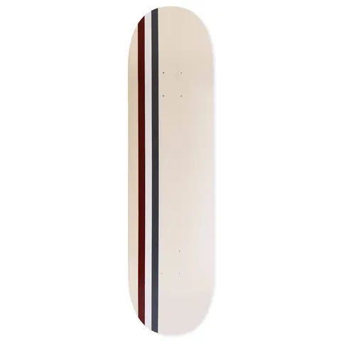 Skateboard Cafe Stripe - Cream/Burgundy/White/Navy skateboard deck: Plain cream deck with three narrow vertical stripes in burgundy, white and navy running along one side.