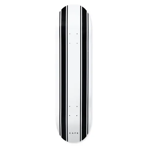 Skateboard Cafe Stripe (White/Black) skateboard deck: Plain white deck with two pairs of thick black vertical racing stripes running down each side and a small CAFE wordmark near the bottom.
