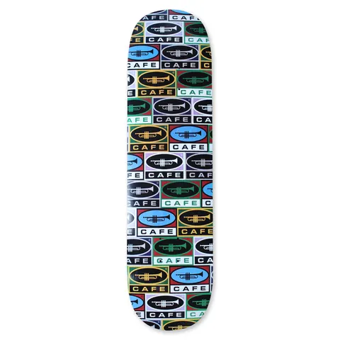 Skateboard Cafe Trumpet Collage C2 Shape Multi skateboard deck: All-over pattern of overlapping oval and rectangular labels, each with a trumpet and the word 'CAFE', in blue, green, yellow, black and lilac blocks.