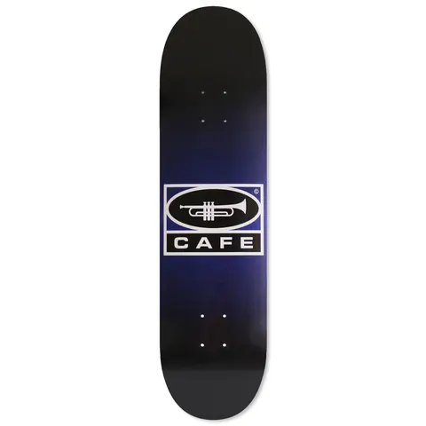 Skateboard Cafe Trumpet Logo - Navy/Black Fade skateboard deck: A boxed logo of a white trumpet inside a black oval, above the word CAFE on a black bar, in a blue frame, set on a black to navy fade.