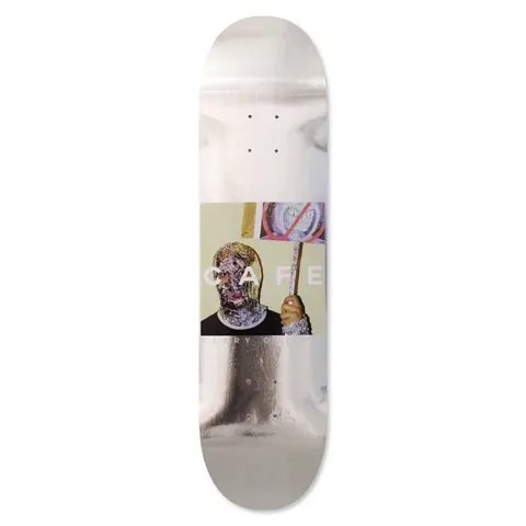Skateboard Cafe Urban Shapeshifting Reptilian Harry Ogilvie Tin Foil skateboard deck: Shiny silver foil deck with a square colour photograph of a person in a crumpled tin foil mask holding a protest sign, with CAFE in white capitals across it and the rider name beneath.