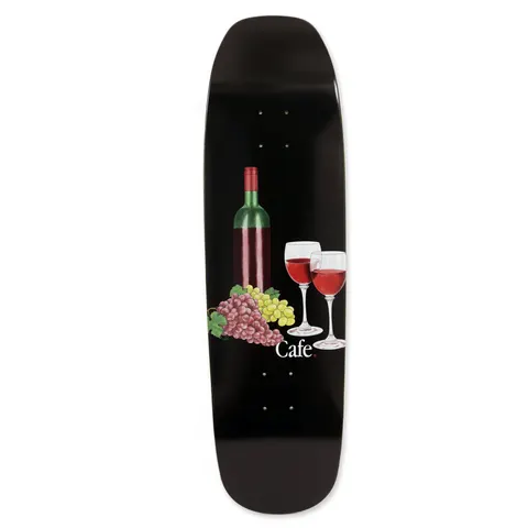 Skateboard Cafe Vino Cruiser Black skateboard deck: Black shaped cruiser deck with an illustration of a wine bottle, two glasses of red wine and bunches of red and green grapes, with Cafe in white lettering.