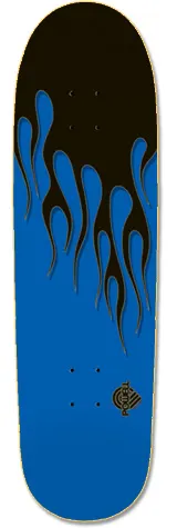 Powell Peralta Hot Rod Blue Flames skateboard deck: Black flames lick down from the nose over a royal blue deck, with a small black Powell logo near the tail.