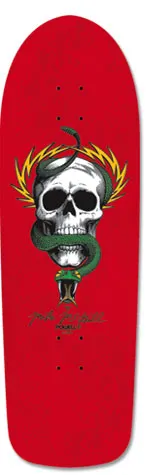 Powell Peralta McGill Red skateboard deck: A skull with a green snake coiled through it and yellow flames or lightning bolts fanning out behind, on a red deck. A handwritten signature and Powell logo sit below.
