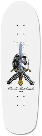 Powell Peralta Skull & Sword skateboard deck: A skull with a sword thrust through it and skeletal arms crossed beneath, with a sparkle at the blade tip, on a white deck. Script Powell Skateboards lettering sits below.