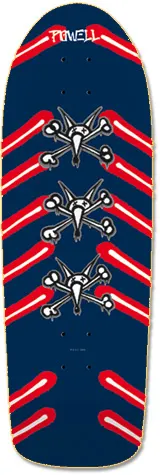 Powell Peralta Vato Rat Bones skateboard deck: Three white Vato Rat skull-and-crossbones logos stacked down a navy deck, with red and white chevron-like paint streaks angling behind them. POWELL lettering sits at the top.