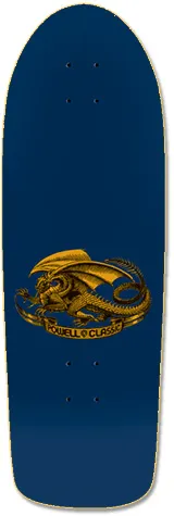 Powell Peralta Vato Rat Bones (Blem) skateboard deck: A small gold winged dragon coiled on a banner reading Powell Classic, centred on a plain navy deck.