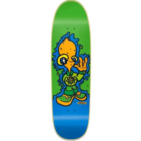 New Deal John Montesi Alien SP Green skateboard deck: A cartoon orange-headed alien with large eyes and a raised hand in a v-sign, wearing a green sweater with a sun emblem and green shoes, outlined in blue on a green and blue deck. Signed John Montesi.
