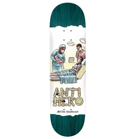 Anti Hero Kanfoush Medicine (Multi) skateboard deck: Comic-style hospital birth scene with a masked surgeon holding a newborn, a worried man and a woman in a bed, above Anti Hero lettering made of sticking plasters, on a white panel with torn edges over a teal stain.