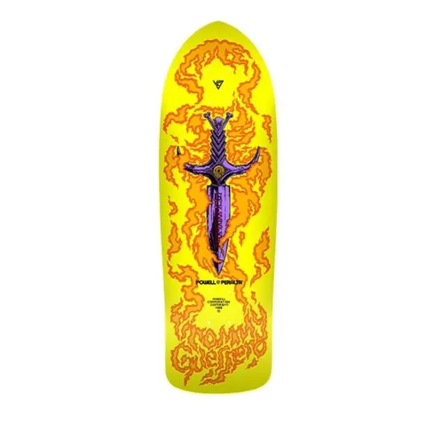 Powell Peralta Bones Brigade Tommy Guerrero Series 15 skateboard deck: A purple dagger with a bone-topped hilt is surrounded by orange flames on a bright yellow deck, with the rider's name written in flame-style lettering at the bottom.