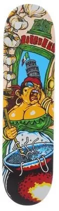 101 Gino Bel Paese skateboard deck: Cartoon of a busty Italian cook with a red headscarf stirring a bubbling pot of spaghetti, with garlic bulbs, a green arch, the Leaning Tower of Pisa behind and a small flag.