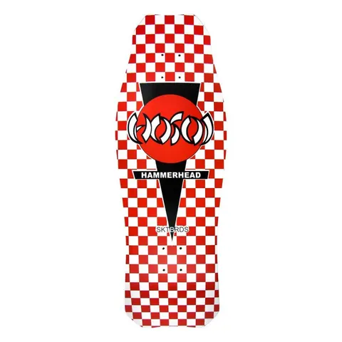Hosoi OG Hammerhead Checker RED skateboard deck: Red and white checkerboard covers an old-school shaped deck, with a black downward-pointing triangle holding a red circle and the Hosoi logo, and a HAMMERHEAD label below.