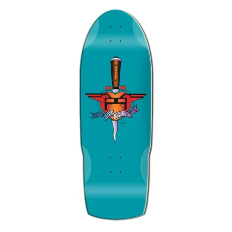 Madrid X SMA Heart Attack skateboard deck: Old-school shaped teal deck with a tattoo-style dagger through a heart topped by winged emblem, with a banner reading as a Sims or Airline-style slogan. Orange, red and purple on teal.