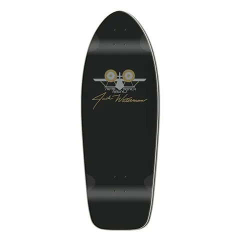 Madrid X SMA Jack Waterman skateboard deck: A black old-school shaped cruiser deck with a silver and gold Santa Monica Airlines seaplane-style logo and a gold Jack Waterman signature in the centre.