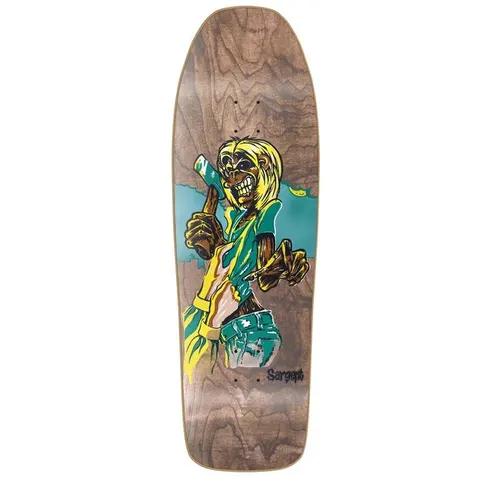 New Deal Danny Sargent Killers Brown SP skateboard deck: Old-school shaped deck with a grinning blond-haired ghoul in a green shirt and jeans swinging an axe, drawn in yellow and teal over brown-stained wood. Sargent signature at the lower right.