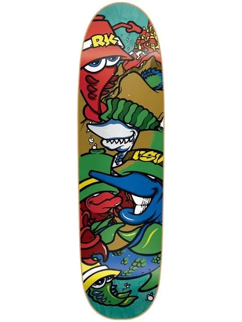 New Deal Ron Knigge DSV skateboard deck: Cluttered cartoon graffiti-style collage of sea creatures including a red lobster, a grinning shark and a blue swordfish, with hats, bubbles and scrawled initials, on a teal and brown background.