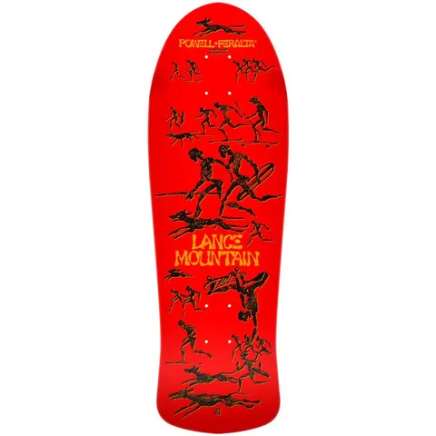 Powell Peralta Bones Brigade Mountain Series 15 RED skateboard deck: Cave-painting-style black and gold figures run, chase dogs and ride skateboards across a red deck, with a skateboarder upside down near the lower half. The rider's name is in gold block letters.